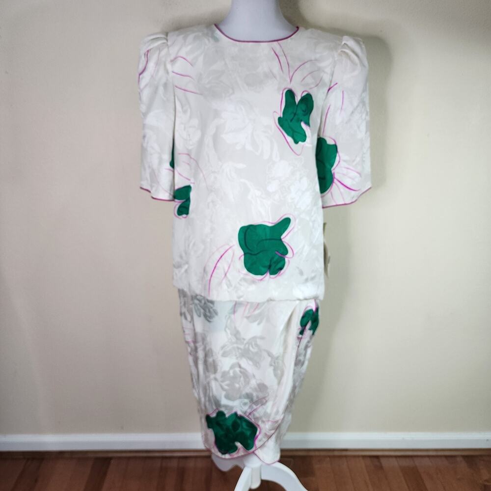 VTG Flora Kung Silk 80s Drop Waist Dress Women's Size 10 White Green Sheath NEW